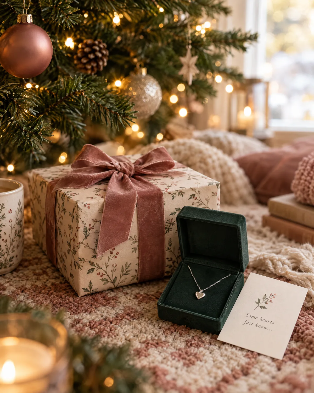 Geschenkbox mit Herzkette unter dem Weihnachtsbaum